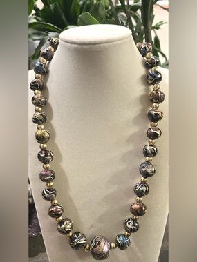Gold Tone and Multicolored Painted Marbled Bead Necklace